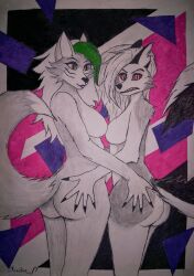 abstract_background absurd_res angry_eyes anthro ass black_nose breasts canid canid_demon canine canis demon drawn duo female five_nights_at_freddy's five_nights_at_freddy's:_security_breach fur green_hair grey_body grey_fur hair hellhound helluva_boss hi_res isidia_f1 loona_(helluva_boss) mammal nude rear_view red_sclera roxanne_wolf_(fnaf) scottgames video_games white_body white_fur white_hair wolf yellow_eyes