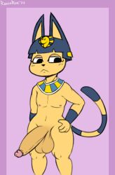 accessory animal_crossing ankha ankha_(animal_crossing) anthro balls big_balls big_penis blue_hair digital_media_(artwork) domestic_cat egyptian_cat felid feline felis ftm_crossgender genderswap genderswap_(ftm) genitals girly hair hair_accessory half-erect hand_on_hip humanoid_genitalia humanoid_penis looking_aside male male_ankha male_only mammal nintendo nude penis pink_background roccorox ruff_(clothing) rule_63 simple_background solo video_games yellow_body