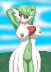 1girls 2022 anthro armpits big_breasts breasts female female_focus female_only game_freak gardevoir generation_3_pokemon green_body green_hair green_nipples half_naked looking_at_viewer magalnik nintendo pokémon_(species) pokemon pokemon_(species) red_eyes self_upload tagme white_body