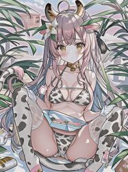 1girls ai_generated bovine cow_bikini cow_girl cow_horns fallen_angel falling female female_only innocent nai_diffusion nervous on_floor original scared solo stable_diffusion upskirt