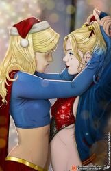 2022 2girls adult_and_teenager age_difference alx_(fuckit) batman_(series) blonde_hair blue_eyes blush christmas christmas_headwear christmas_outfit dc dc_comics erect_nipples female female_only harley_quinn highlights_(coloring) human imminent_sex kara_zor-el kryptonian light-skinned_female light_skin no_bra older_woman_and_teenage_girl older_woman_and_younger_girl pale-skinned_female pale_skin pokies small_breasts supergirl superman_(series) tight_clothing yuri