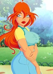 1girls 2022 4kids_entertainment ass big_ass big_breasts big_hips big_lips bimbo bloom_(winx_club) clothed day expressionless female female_only holding_arm human jeans long_hair looking_at_viewer nickelodeon nipple_bulge nipples_bulge no_bra pants park rainbow_(animation_studio) red_hair solo thick_thighs trees voluptuous winx_club zfive