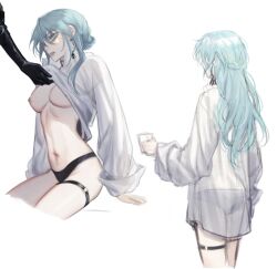 2girls blue_eyes blue_hair breasts_out exposed_breasts female female_only gloves harness jewelry langley_(path_to_nowhere) multiple_girls nightingale_(path_to_nowhere) out_of_frame out_of_frame_female pale-skinned_female path_to_nowhere shirt_lift shirtless underwear yuri