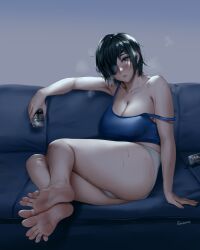 1girls 2022 alternate_version_available bare_arms bare_legs bare_shoulders barefoot beer_can black_hair blue_bra blush bra breasts can chainsaw_man cleavage collarbone couch easonx eyepatch feet female foot_fetish green_eyes highres himeno_(chainsaw_man) large_breasts looking_at_viewer meaty_soles parted_lips short_hair short_shorts shorts sitting soles solo sports_bra strap_slip sweat toes underwear white_shorts