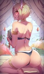 1girls 2022 ahri ass ass_focus bare_shoulders big_ass big_breasts black_bra black_panties blonde_hair bracelet breast_grab choker earrings female_focus female_only fox_ears garter_belt hand_on_breast high_resolution himmely jewelry k/da_ahri k/da_series kneeling league_of_legends light-skinned_female looking_at_viewer looking_back on_bed riot_games shocked short_hair sweat tagme tail tassel thick_thighs vastaya window yellow_eyes