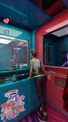 1girls 3d 3denos bathroom clothing cyberpunk_2077 female female_only judy_alvarez mirror solo