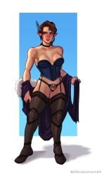 1girls brown_eyes brown_hair choker corset critical_role critical_role:_vox_machina dragonfruit_(artist) elf_ears female female_only front_view garter_straps half_elf juicydragonfruit lace-trimmed_panties looking_at_viewer pointy_ears standing thighhigh_boots vex'ahlia