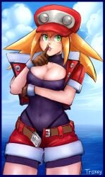 1girls belt_unbuckled big_breasts blonde_hair breasts cleavage female finger_to_lips finger_to_mouth green_eyes light-skinned_female light_skin mega_man mega_man_legends nipples_visible_through_clothing orange_hair panties_visible_through_clothing roll_caskett solo solo_female spiky_hair standing tagme troxxy