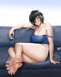 1girls 2022 bare_arms bare_legs bare_shoulders barefoot beer_can black_hair blue_bra blush bra breasts can chainsaw_man cleavage collarbone couch easonx eyepatch feet female green_eyes highres himeno_(chainsaw_man) large_breasts looking_at_viewer meaty_soles parted_lips short_hair short_shorts shorts sitting soles solo sports_bra strap_slip sweat toes underwear white_shorts