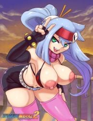 1girls ashe_(megaman_zx) bent_over big_areola big_breasts breasts breasts_out fingerless_gloves grey_hair headband hotpants ichduhernz mega_man mega_man_zx_advent nipples peace_sign scarf stockings studded_belt tagme tengen_toppa_gurren_lagann yoko_littner yoko_littner_(cosplay)