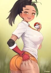 1girls ass back back_view big_butt black_hair breasts brown_skin bubble_butt butt female huge_breasts huge_butt long_hair looking_at_viewer nemona_(pokemon) nintendo norza pokemon pokemon_sv school_uniform schoolgirl smile