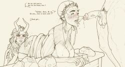 balls bread breasts cleavage dress_lift english_text galaad1800 large_breasts line_art male oral penis realistic sex threesome unseen_male_face wet