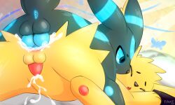 anal anal_sex anus ass balls black_body black_fur blush bodily_fluids cum digital_drawing_(artwork) digital_media_(artwork) duo eeveelution ejaculation_while_penetrated erection fawe feral fur generation_1_pokemon generation_2_pokemon genital_fluids genitals hi_res jolteon male male/male male_penetrated male_penetrating male_penetrating_male mammal nintendo nude open_mouth penetration penis pokémon_(species) pokemon pokemon_(species) sex shaded signature simple_background umbreon video_games yellow_body yellow_fur