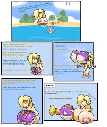 beach blonde_hair blue_eyes boob_in_mouth breast_expansion breasts chabble cheep_cheep english_text giant_breasts hills huge_breasts large_breasts living_clothes mario_(series) nintendo nipples princess_daisy princess_rosalina puffer_cheep super_mario_bros. text transparent_background wario