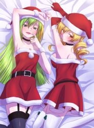 2girls alina_gray bed blonde_hair breasts christmas cosplay dakimakura dakimakura_design drill_hair female female_only green_eyes green_hair happy happy_female horny horny_female human light-skinned_female light_skin long_hair magia_record:_mahou_shoujo_madoka_magica_gaiden magical_girl mahou_shoujo_madoka_magica only_female santa_costume santa_hat santa_suit smile smiley_face tomoe_mami touyu_(yuruyuruto) very_long_hair white_skin yellow_eyes yuri