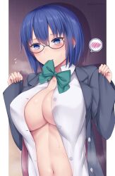 1girls big_breasts blue_eyes blue_hair blush breath ciel ciel_(tsukihime) cleavage embarrassed glasses neck_ribbon no_bra open_jacket open_shirt school_uniform schoolgirl short_hair shy soukitsu sweat tsukihime tsukihime_(remake) type-moon unbuttoned underboob