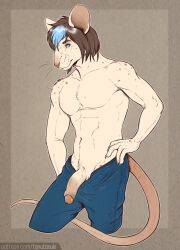 anthro blue_eyes bottomwear bottomwear_down brown_hair clothed clothing erection foreskin genitals hair hand_on_hip hi_res highlights_(coloring) humanoid_genitalia humanoid_penis looking_at_viewer male mammal mouse murid murine pants pants_down partially_clothed penis pinup pose rodent shirtless solo tanutanuki whiskers