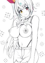 bangs black_choker blush breasts choker clothes_lift female hair_ornament hair_ribbon heterochromia highleg highleg_panties highres hoshikawa_sara huge_breasts long_hair looking_at_viewer monochrome myanyuki_h navel nijisanji nipples orange_eyes panties red_eyes ribbon shirt_lift short_shorts shorts side_ponytail simple_background solo spot_color tank_top underwear very_long_hair virtual_youtuber x_hair_ornament