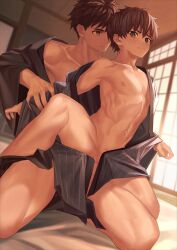 2boys arm_grab bangs bare_pectorals behind_another black_kimono blurry blush brown_eyes brown_hair collarbone depth_of_field dutch_angle frown grey_kimono groin highres indoors japanese_clothes kimono knee_up kneeling light_smile looking_at_another looking_at_viewer male_focus multiple_boys navel nayoshi_(r-744) nipples off_shoulder open_clothes open_kimono original pectorals penis penis_peek short_hair shouji sliding_doors spread_legs striped striped_kimono vertical-striped_kimono vertical_stripes wide_sleeves yaoi yukata