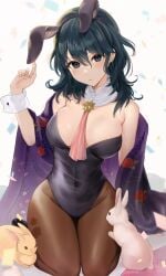 1girls absurdres alternate_costume alternate_version_available animal_ears ascot bangs bare_shoulders blue_eyes blue_hair breasts bunny_ears bunny_girl bunnysuit byleth_(fire_emblem) byleth_(fire_emblem)_(female) chinese_zodiac cloak commentary_request confetti detached_collar egasumi female female_only fire_emblem fire_emblem:_three_houses hair_between_eyes happy_new_year haru_(nakajou-28) highres large_breasts light-skinned_female navel new_year nintendo pale-skinned_female pantyhose patterned_background playboy_bunny purple_cloak rabbit rabbit_ears red_ascot see-through see-through_legwear skindentation solo solo_female sun thighs white_background wrist_cuffs year_of_the_rabbit