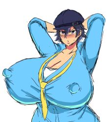 1girls alternate_breast_size atlus blouse blue_blouse blue_eyes blue_hair blue_hat blush breasts_bigger_than_head cleavage clothed clothed_female clothing female female_only hands_behind_head hat headwear huge_breasts megami_tensei momiji_(artist) nipple_bulge nipples_visible_through_clothing persona persona_4 puffy_nipples shirogane_naoto shirt short_hair tie venus_body white_shirt yellow_tie