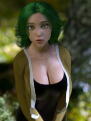 1girls 3d 3d_(artwork) big_breasts cheryl_(pokemon) cleavage clothed eye_contact female female_only fully_clothed green_eyes green_hair habitgap pokemon pokemon_dppt solo