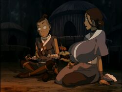 ! 1boy 1boy1girl 1girls avatar_the_last_airbender blue_eyes braided_ponytail breasts brother_and_sister brown_hair choker clothed clothes clothing dark-skinned_female dark-skinned_male dark_skin duo duo_focus female fire fireplace food hair_loopies hair_ornament huge_breasts katara kneeling large_breasts male necklace older_brother older_brother_and_younger_sister open_mouth outdoors ponytail screencap screenshot_edit semi_incest siblings sitting sokka staring teenager tied_hair water_tribe younger_sister