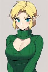 1girls ai_generated blonde_hair blue_eyes cleavage_cutout female genderswap_(mtf) heart_cutout keyhole_turtleneck link nai_diffusion nintendo rule_63 short_hair stable_diffusion sweater the_legend_of_zelda turtleneck_sweater