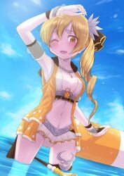 beach blonde_hair blue_sky breasts cleavage drill_hair female floating floating_object hand_on_own_head highres jacket long_hair magia_record:_mahou_shoujo_madoka_magica_gaiden magical_girl mahou_shoujo_madoka_magica one_eye_closed sea seaside skirt sky solo swimsuit tomoe_mami touyu_(yuruyuruto) twin_drills wading water yellow_eyes