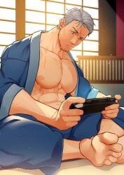 1boy 1male abito000_(artist) abs clothed clothing daddy dilf facial_hair japanese_clothes large_pectorals male male_only muscle muscles muscular muscular_chest muscular_male pecs pectorals psp white_hair