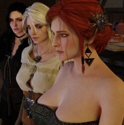 3d big_breasts breast_envy cd_projekt_red ciri ciribestgirl cleavage female female_only freckles freckles_on_chest girl_staring_at_guy's_chest light-skinned_female light_skin meme red_hair the_witcher_(series) the_witcher_3:_wild_hunt triss_merigold white_hair yennefer yuri