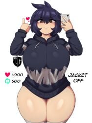 1girls black_hair black_hoodie brown_eyes hoodie huge_thighs igxxiii phone self_portrait selfie tagme thighhighs thumbs_up