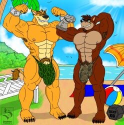 2022 2boys activision anthro balls bara barefoot beach big_penis buff bulge clothing crash_(series) crunch_bandicoot duo feet flexing fur gay genitals hi_res male male/male male_only muscular muscular_male penis robotic_arm seaside sondinker_fazbear's spiked_bracelet thong tiny_tiger underwear video_games yaoi