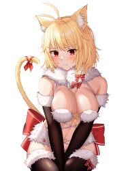 1girls ahoge arcueid_brunestud big_breasts black_gloves black_legwear black_thighhighs blonde_hair blush cat_ears cat_tail catgirl cleavage elbow_gloves embarrassed female female_only frown fur_collar fur_trim gloves kemono light-skinned_female light_skin looking_at_viewer mash_kyrielight_(dangerous_beast)_(cosplay) medium_hair red_eyes short_hair solo sorugi_park thighhighs tsukihime type-moon