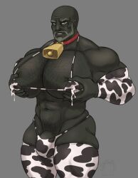 barawulf_nsfw barrug big_pecs bulge cowbell cowprint dark-skinned_male lactation male_lactation male_only milking stockings thong