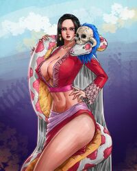 1girls aliasartwork big_breasts black_hair boa_hancock breasts curvy dress earrings exposed_midriff female female_only huge_breasts midriff nipple_bulge one_piece salome_(one_piece) snake solo straight_hair thick_thighs tummy voluptuous
