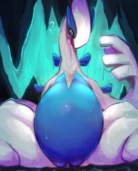 2022 absurd_res belly big_belly blue_body blue_countershading blue_eyes blush bodily_fluids clitoris countershading digital_media_(artwork) female feral generation_2_pokemon genital_fluids genitals hi_res legendary_pokemon lugia metalisk nintendo plump_labia pokémon_(species) pokemon pokemon_(species) pussy pussy_juice question_mark solo spread_legs spreading video_games wet white_body