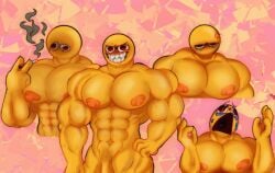 crying cursed emoji emoji_(race) hyper_muscles hyper_pecs martime smiling smoking upset