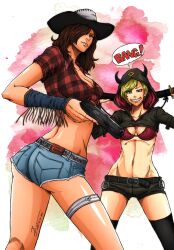 2girls claire_redfield claire_redfield_(revelations) claire_redfield_(rodeo) cleavage cowgirl female female_only gun hat holding_gun hoodie moira_burton multiple_girls resident_evil resident_evil_revelations_2 short_jeans short_shorts shorts stockings thighhighs