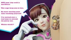 1girls 3d chastity chastity_cage cock_cage cuckold d.va hana_song male overwatch penis pinching_gesture small_penis small_penis_gesture small_penis_humiliation sph