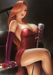 1girls 2020 arm_gloves big_breasts cleavage disney eyeshadow green_eyes hair_over_one_eye jessica_rabbit long_hair long_red_hair looking_at_viewer microphone microphone_stand patreon_url red_dress red_hair rose sitting_on_piano thick_thighs who_framed_roger_rabbit yupachu