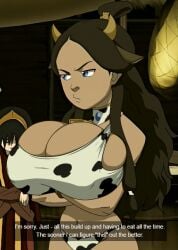 1girls accurate_art_style alternate_breast_size alternate_version_available angry angry_face avatar_the_last_airbender bikini black_hair blue_eyes breasts breasts_bigger_than_head busty cleavage clothed clothing cow_ears cow_girl cow_horns cow_print cow_print_bikini cowbell cowgirl curvaceous curvy curvy_figure dark-skinned_female dark_skin edit edited_screencap english_text female female_focus female_only hair_ornament hand_on_breast horn hucow huge_breasts katara large_breasts long_hair nickelodeon ponytail screencap screenshot screenshot_edit solo solo_female solo_focus swimsuit tagme_(artist) text thick_thighs third-party_edit voluptuous white_bikini wide_hips