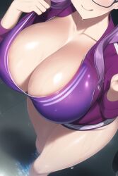 1girls ai_generated alternate_breast_size breasts cleavage eyes_out_of_frame fate/grand_order fate_(series) female glasses high-angle_view huge_breasts indoors jacket long_hair massive_breasts megane nai_diffusion navel panties purple_hair sion_eltnam_sokaris smile stable_diffusion sweat sweaty_body thick_thighs tight_clothing twintails type-moon unzipped_jacket voluptuous wide_hips