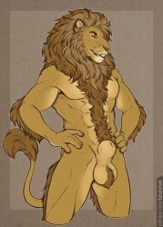 abs animal_genitalia anthro balls biceps brown_mane felid fully_sheathed genitals hi_res lion male mammal mane muscular muscular_male pantherine sheath solo tail_tuft tanutanuki tuft windsor_(windsorlion)