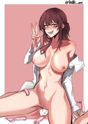 absurdres arm_up bangs bare_shoulders blush border braid breasts brown_eyes brown_hair collarbone commission condom dogs_(dlrkdejr26) facial_mark feet_out_of_frame female female_commander_(girls'_frontline) french_braid girls'_frontline hand_on_floor highres holding holding_condom korean_commentary large_breasts long_hair long_sleeves looking_at_viewer navel nipples on_floor open_clothes open_mouth open_shirt pussy_juice shirt simple_background sitting smile solo spread_legs steaming_body sweatdrop teardrop teeth thighs twitter_username upper_teeth used_condom v white_border white_shirt