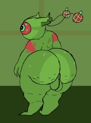 1_eye 2_fingers alien antennae_(anatomy) anthro ass balls big_butt feelers fingers genitals green_background green_balls green_body green_eyes head_turned heit hi_res huge_butt male markings multicolored_body multicolored_skin nauiho perineum rear_view red_sclera simple_background solo thick_thighs unusual_eyes