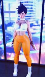 1futa 3d bulge clothed clothing futa_only futanari lena_oxton looking_at_viewer mostly_clothed overwatch solo str4hl third-party_edit tracer