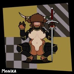 2022 absurd_res accessory anthro armor bovid bovine braided_hair breasts brown_body brown_fur cattle facial_piercing female fingers fur furgonomics genitals gesture hair hair_over_eyes hi_res highland_cattle hooved_fingers hooved_toes hooves horn horn_accessory horn_jewelry looking_at_viewer mammal medieval_armour melee_weapon milchritter monika_milchritter_(milchritter) navel nose_piercing nose_ring pattern_background piercing plump_labia pussy ring_piercing simple_background slightly_chubby smile smiling_at_viewer solo spread_legs spreading sword thick_thighs v_sign weapon