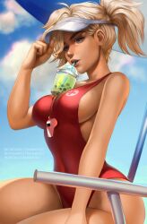 1girls absurdres artist_name baywatch blizzard_entertainment blonde_hair blue_sky breasts bubble_tea bubble_tea_challenge cloud collarbone commentary_request covered_navel cup day disposable_cup drinking drinking_straw eyebrows eyelashes female fingernails glint hand_on_headwear highres large_breasts lifeguard looking_at_viewer mavoly medium_hair meme mercy nose object_on_breast one-piece_swimsuit outdoors overwatch overwatch_2 parted_lips pink_lips red_one-piece_swimsuit sideboob signature sitting sky sleeveless smile solo summer swimsuit tan visor_cap watermark web_address whistle whistle_around_neck