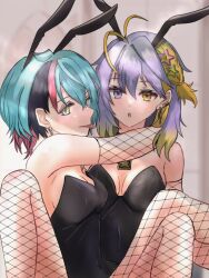 2boys 2girls ahoge aster_arcadia black_hair blue_hair braid bunny_ears bunnysuit cleavage earrings fishnet_armwear fishnet_legwear fishnets gradient_eyes heterochromia kyo_kaneko looking_at_viewer medium_breasts nijisanji nijisanji_en pink_hair purple_hair rule_63 tongue tongue_out virtual_youtuber yellow_hair